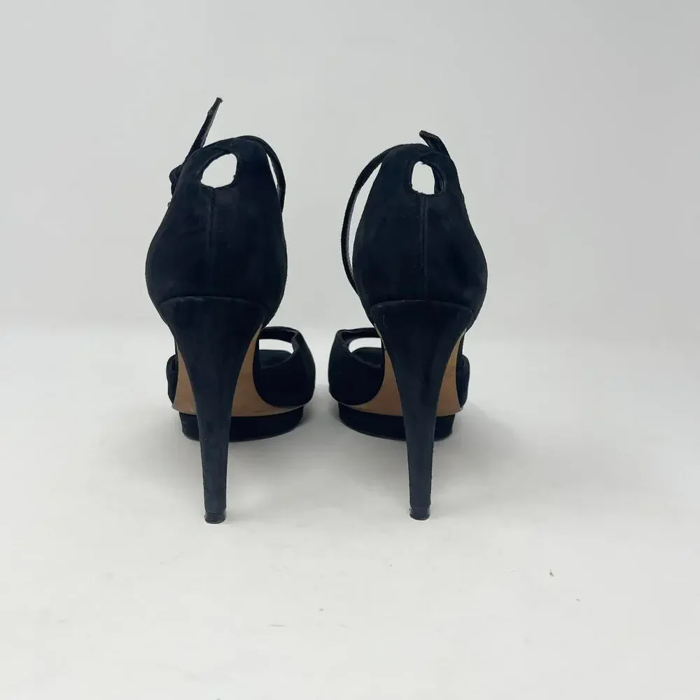 Rebecca Minkoff Ivy Peep Toe Pump Womens 8M Black Suede Ankle Strap Dressy Party